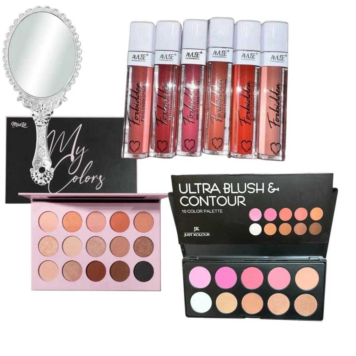 MAKEUP BUNDLE!! 6pc Matte kiss-Proof liquid lipstick Fall Color set +15 vivid mattes Eyeshadow palette Set+ 10 Color Blush/Highlighter/Bronzer Palette-11in Chrome Pristine Fancy Mirror-Cosmetics Set-make-up sets