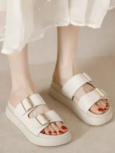 Women's Chunky Heel Sandals, Thick Sole High Heeled Slippers, Beach Shoes with Double Layered Sole, Fashionable Outdoor Wear, Buckle Design