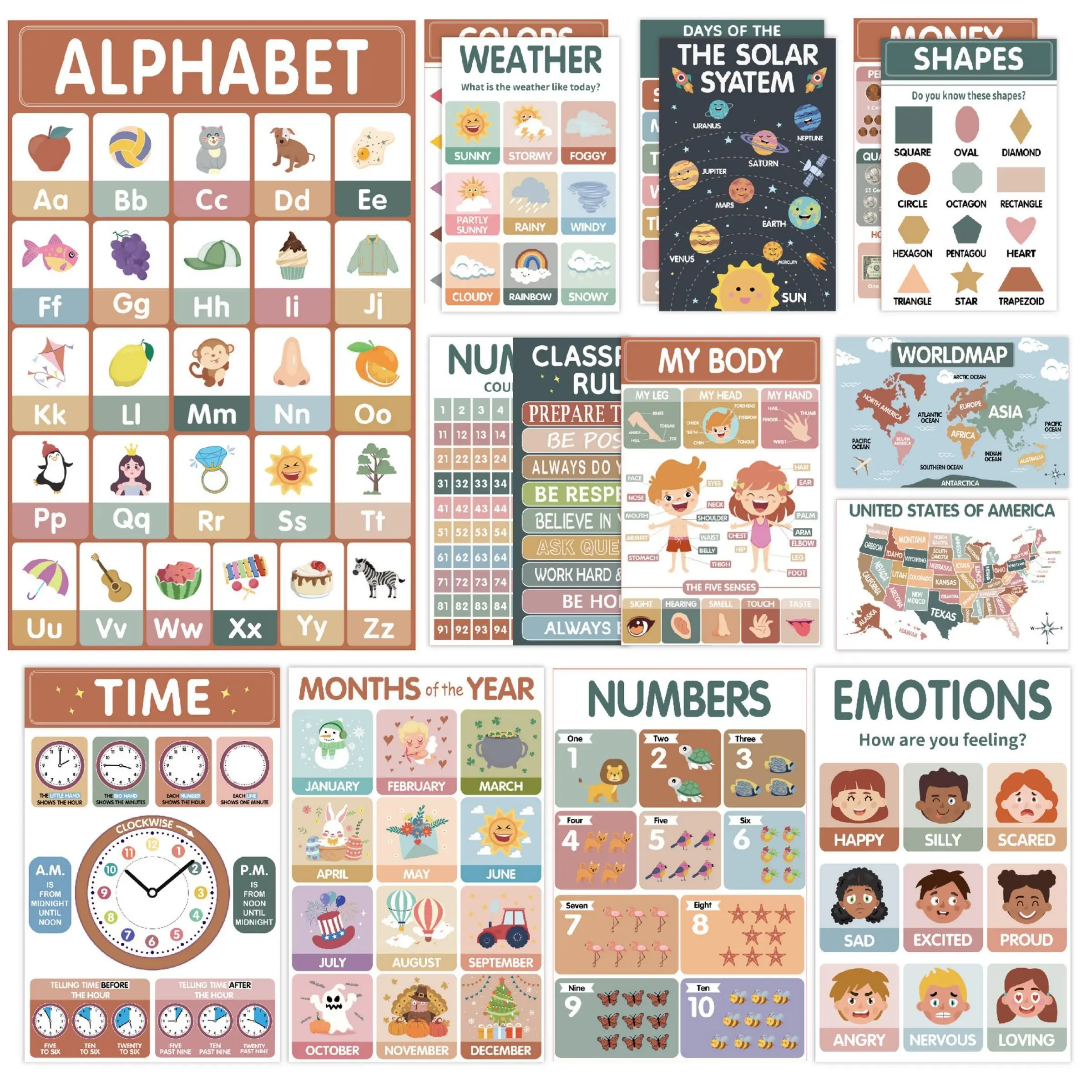 18 Modern Bohemian Eco-Friendly Laminated Educational Posters - Toddlers' Large & Easy-to-Read Shapes Learning Charts - School Literacy Corners Homeschool Decor (Office Stationery School Supplies), Preschoolers