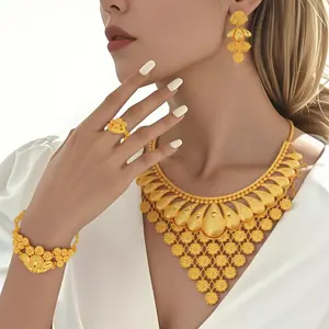 Flower Design Dubai  Gold Simple Jewelry Set Indian Bride Wedding Necklace Earrings daily party costume decoration