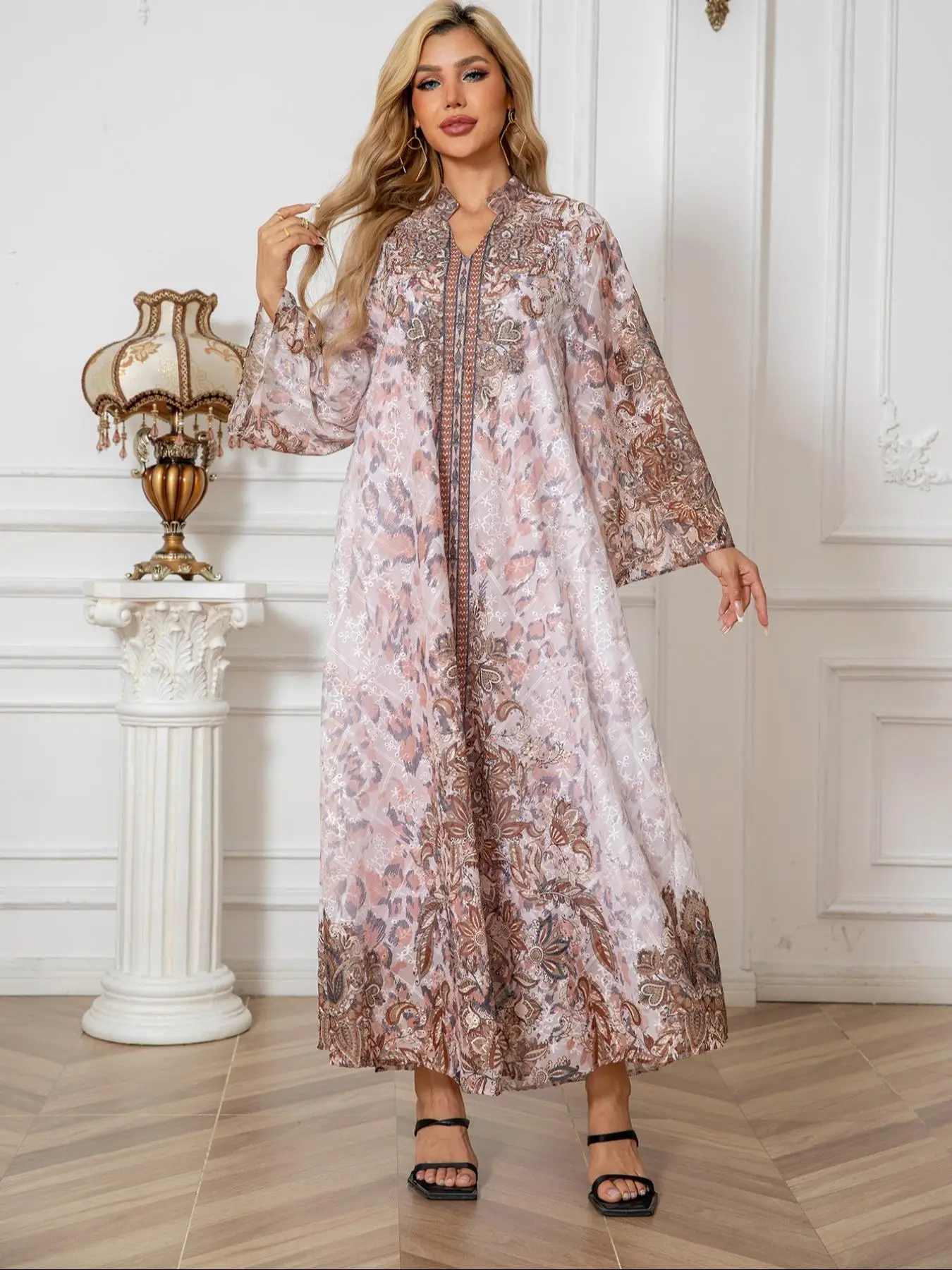 Women's All Over Print Dress, Modest Elegant Long Sleeve Dress for Daily Wear, Ladies Islamic Clothing for All Seasons