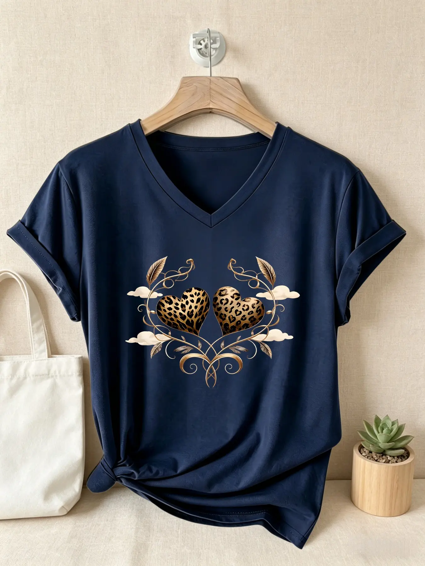 Women's V Neck T-Shirt, Leopard Print, Heart, Spring Summer Casual Wear, Short Sleeve Fitted Top, Ladies Fashion