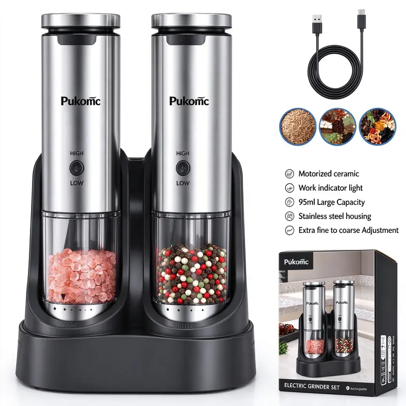 Pukomc 2-Piece Rechargeable Salt and Pepper Grinder Set - Kitchen Utensils with 6 Adjustable Coarseness Settings, Automatic Grinding, LED Lights, Charging Cable, Kitchen Appliances for Cooking, Home Essential