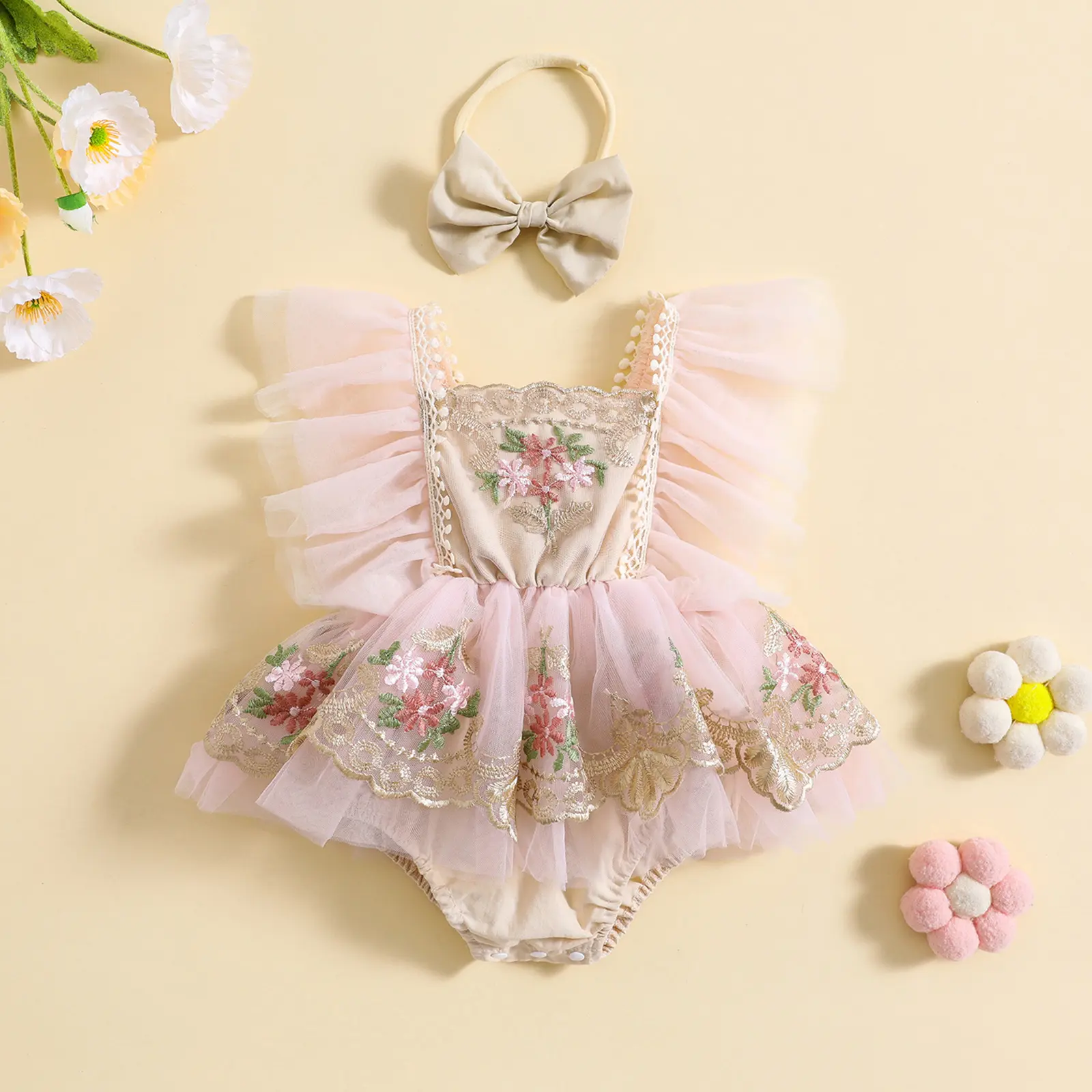Baby Girl Summer Clothes Lace Romper Skirt Dress Princess Outfits Sleeveless Flower Newborn Hairband Outfit