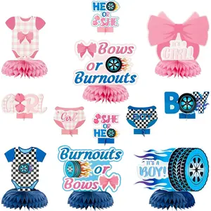 12Pcs Burnouts or Bows Gender Reveal Party Honeycomb Centerpieces Table Toppers for Boys Girls Blue and Pink Car Wheel Bow Tie Party Decoration Supplies for He or She Gender Reveal Shower