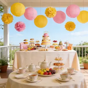 10-Piece Paper Pom Poms and Lanterns, Spring Party Decor, Reusable Ceiling Decoration, Photo Background, Home Fireplace