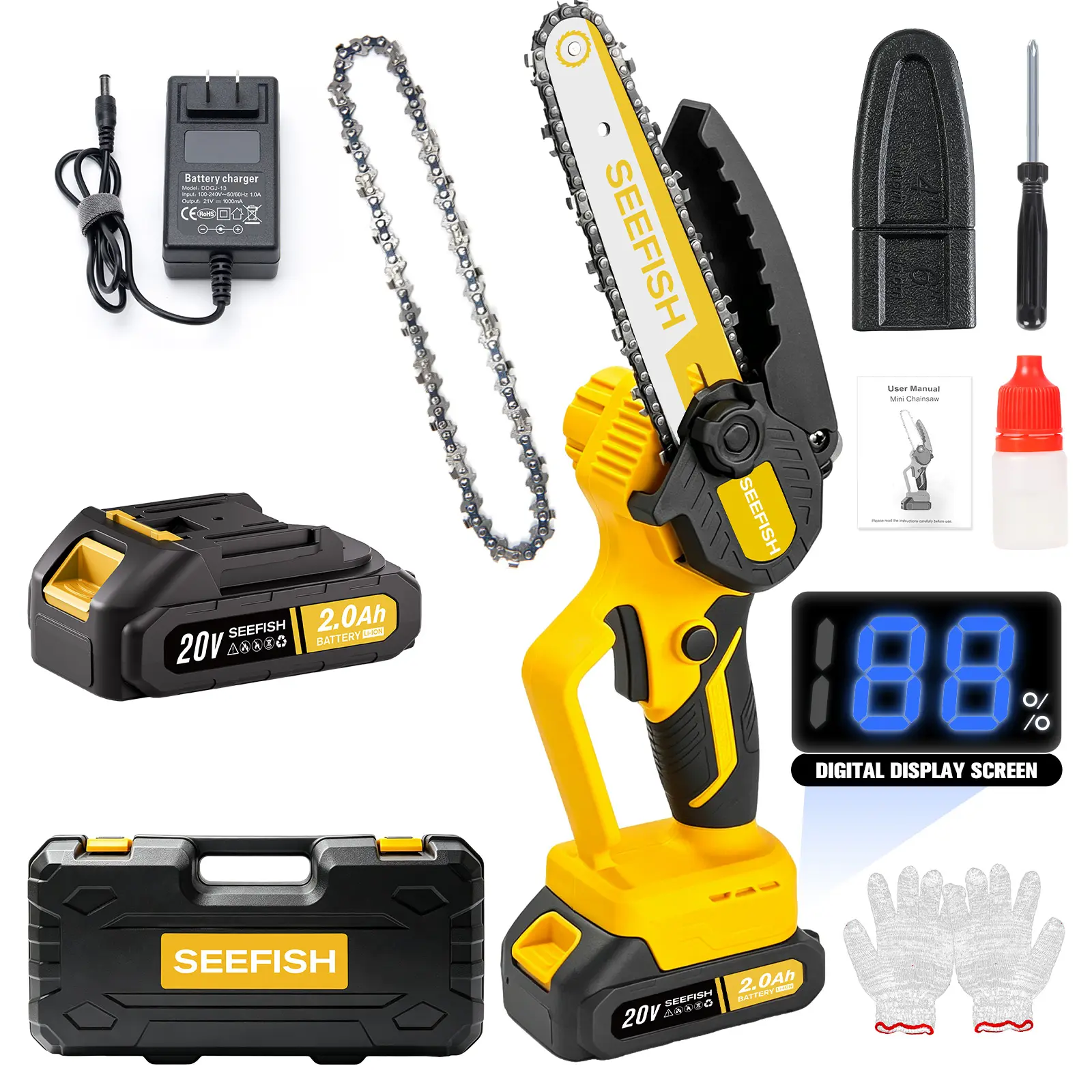SEEFISH 6-Inch Brushless Mini Chainsaw with Automatic Oiling System, Portable Cordless Elec