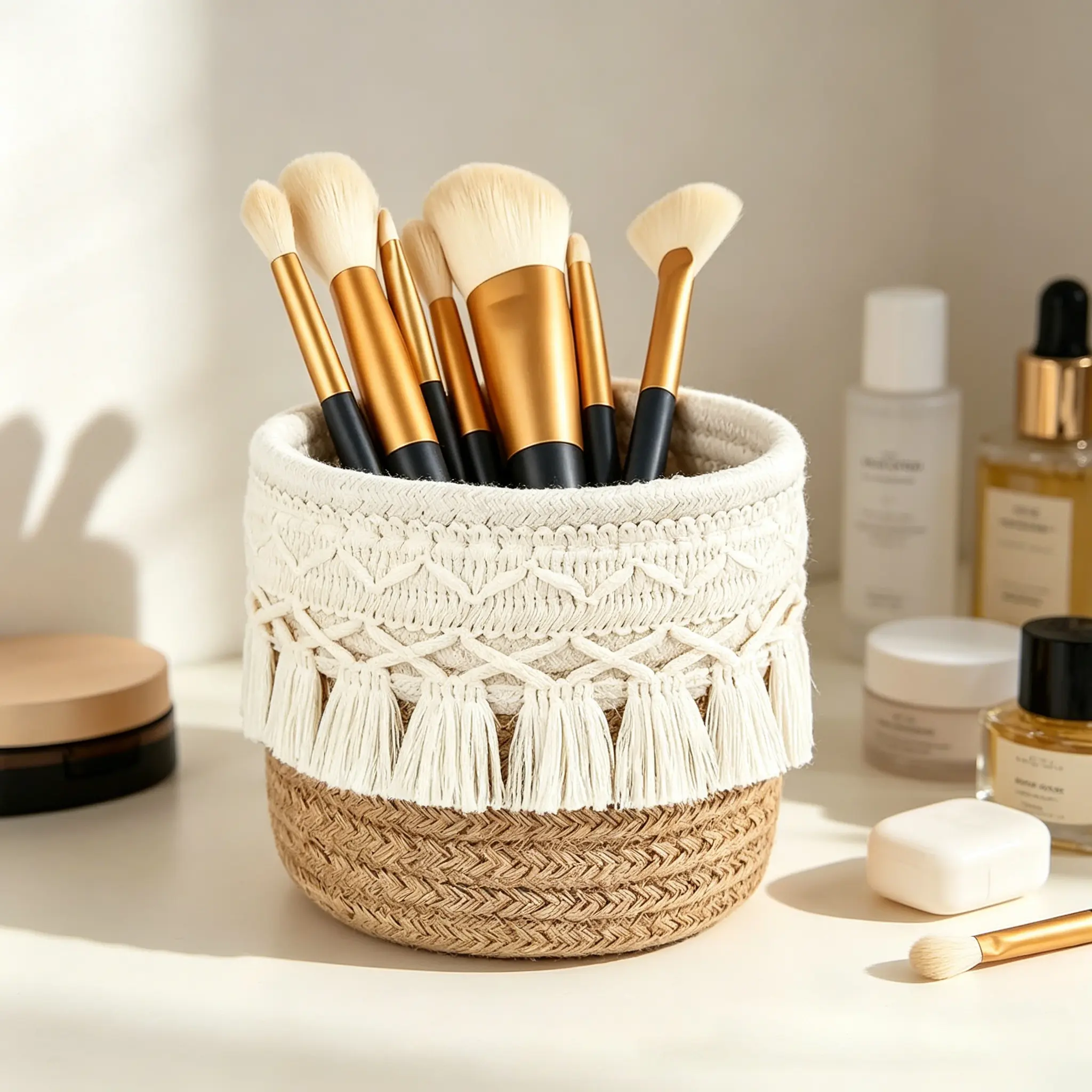 Macrame Cotton Rope Makeup Brush Holder Organizer - Bohemian Home Storage Basket for Brush Storage, Pens, Vanity Decor, Bathroom Home Organizer