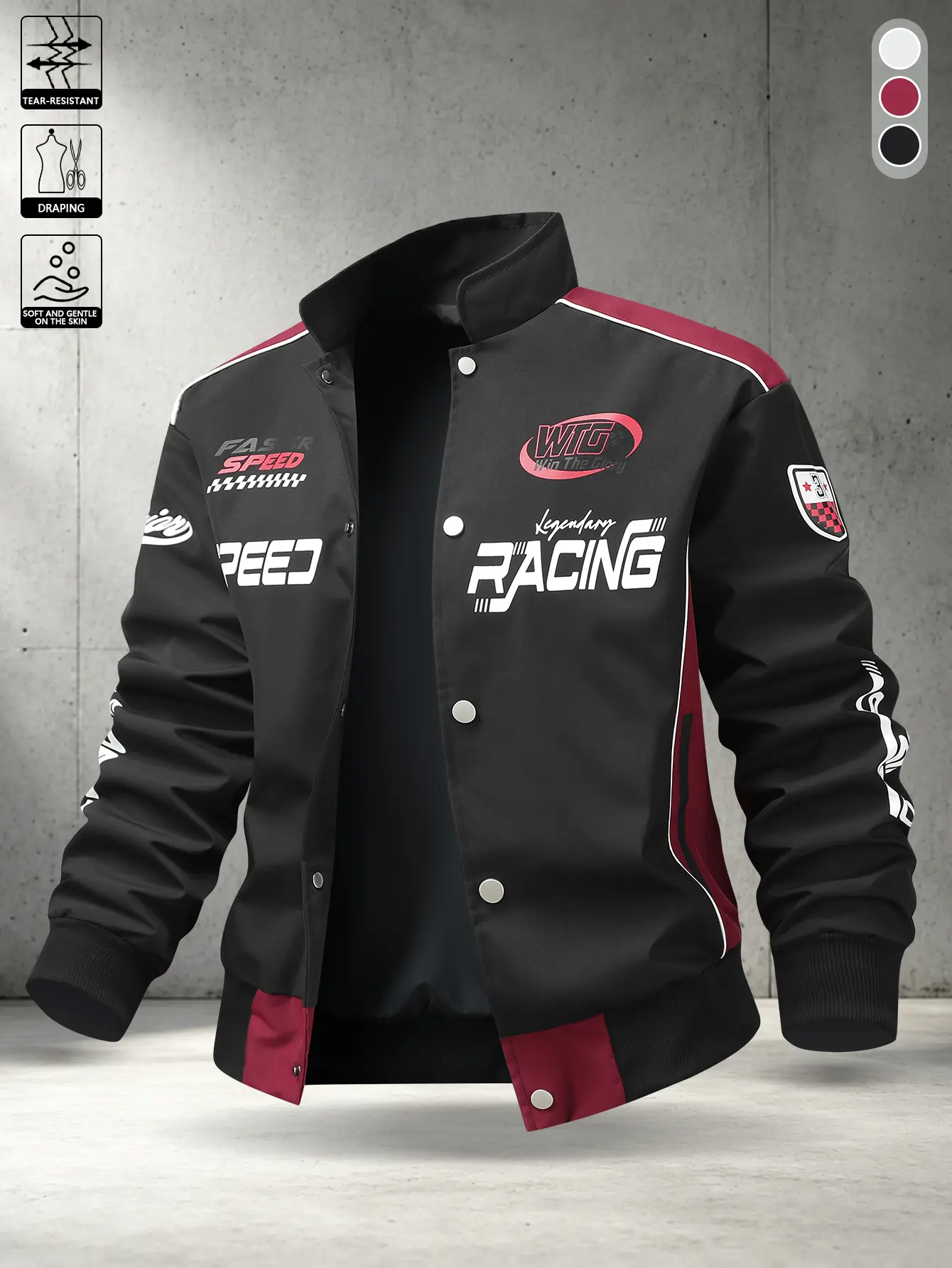 Men’s spring/autumn American motorcycle-style racing baseball-collar jacket with multiple “RACING” car-themed letter prints; a casual outerwear piece for motorcycle outings, street fashion looks, and everyday commuting across all scenarios.