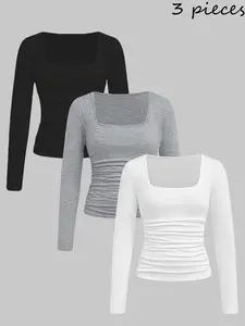 3-piece set of solid color long sleeved T-shirt top with pleated decoration for teenagers, simple and slimming, comfortable and close fitting, versatile base top for teenagers