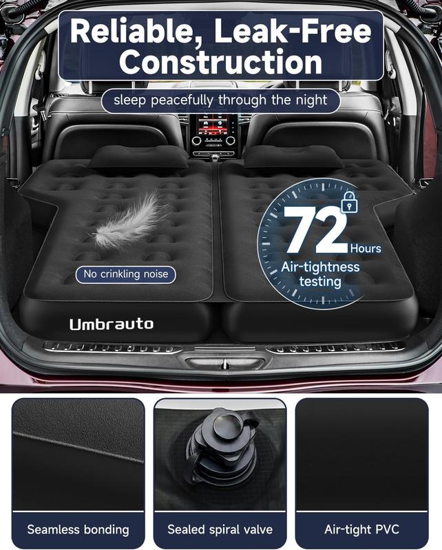Umbrauto Heavy-Duty SUV Air Mattress w/Quick-Inflate Car Pump| Durable 2-Chamber Inflatable Van Sleeping Bed for Camping & Travel, Leakproof PVC, Flocked Top