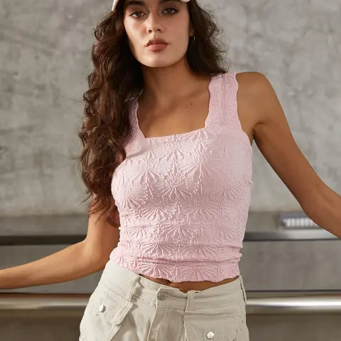 Women's Seamless Jacquard Floral Sleeveless Tank Top, Fashionable Sporty Workout Casual Base Layer Square Neck Vest, Slim Fit for Layering, Camisole Tank Tops