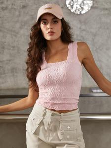 sporty women's solid color jacquard square neck sports vest, casual sport sleeveless tank top for yoga workout exercise, ladies sportswear, birthday gifts, sleeveless crop tank tops for women, activewear, summer clothes women, soft tops