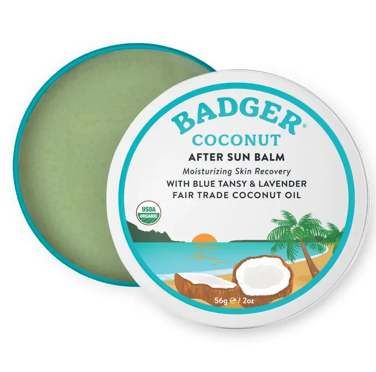 Badger Coconut AfterSun Balm, 100% Organic Soothing Sunburn Relief, Great Smelling, Moisturizing & Hydrating After Sun Skin Care, 2 oz Tin