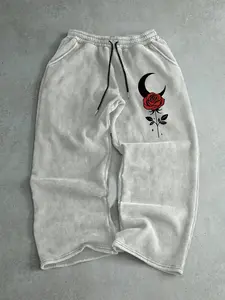 Men's Casual Sporty Long Pants, Moon Rose Flower Print Drawstring Waist Sweatpants, Drawstring Wide Leg, Loose Fit, All Season Men's Clothing, Athleisure Style Bottoms