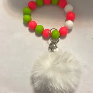 Puffball Keychain Wristlet - Wristlet with Puffball Keychain, Includes Ring Attachment, Features Multi-Colored Beads