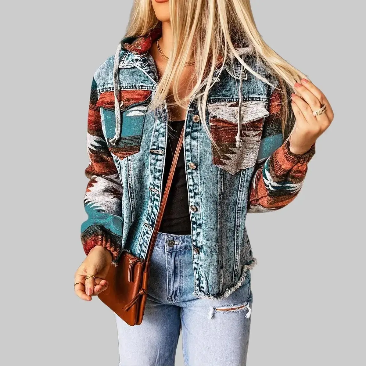 Women's Western Aztec Print Hooded Denim Jacket XS-2XL Long Sleeve Flap Pockets Frayed Hem Button-Down Trucker 75% Cotton 25% Polyester Vintage Boho Casual Outerwear