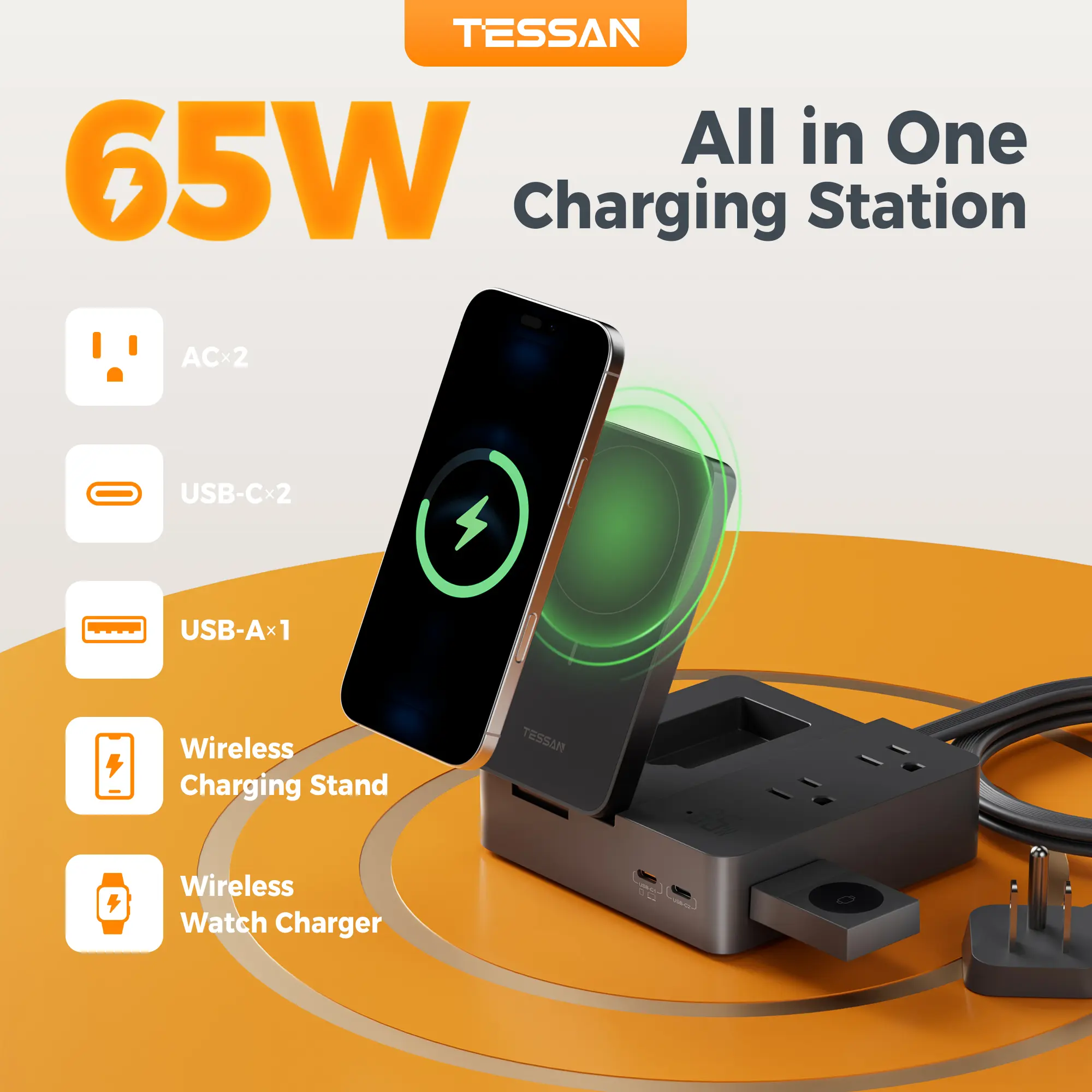 TESSAN 65W Charging Station USB Phone Charger with Wireless Charging | 2 USB C/1 USB A and 2 AC Outlet,for iPhone 17/16/15 Charging Stand, for Apple Watch Charging, Flat Plug, 5ft Cord, Black