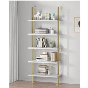 Ladder Shelf Bookcase 5 Tier, Extra Sturdy Modern Bookshelf Wall Mounted, Tall Standing Open Shelf White and Gold, Industrial Metal Frame with Wooden Shelf