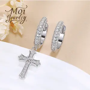 Cross Hoop Earrings with Pave Synthetic Moissanite Hip-hop Style moissanite Earrings in 925 sterling silver jewelry for men, unisex stud earring