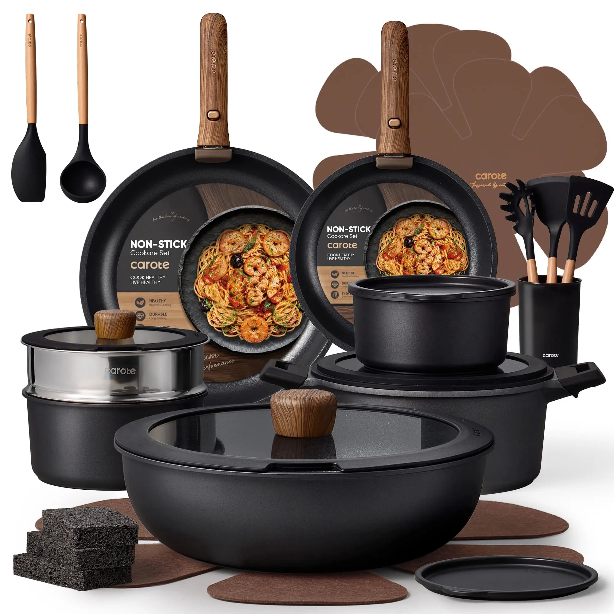 CAROTE 27-Piece Nonstick Cookware Set, Pots and Pans Set with Detachable Handle, Induction Compatible, Oven & Dishwasher Safe, Black