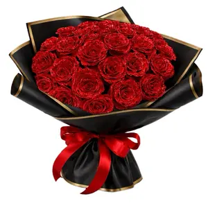 Glitter Rose Bouquet - Elegant Red Roses with Black Wrap and Red Bow for Special Occasions