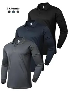 2026 Men's Solid Long Sleeve Sports Polo Shirt, Casual Breathable Quick Drying Collared Top for Golf Outdoor Sports, Men's Sportswear for Fall & Winter, Golf Apparel