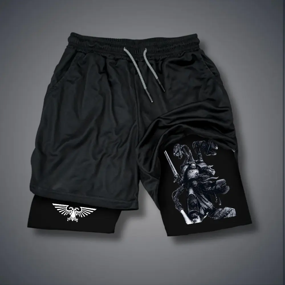 Warhammer 40,000 Game 80s 90s Double-Layer Sports Shorts Graphic Shorts Black Camo Streetwear Shorts Men Outfits Men Vacation Outfits Shorts