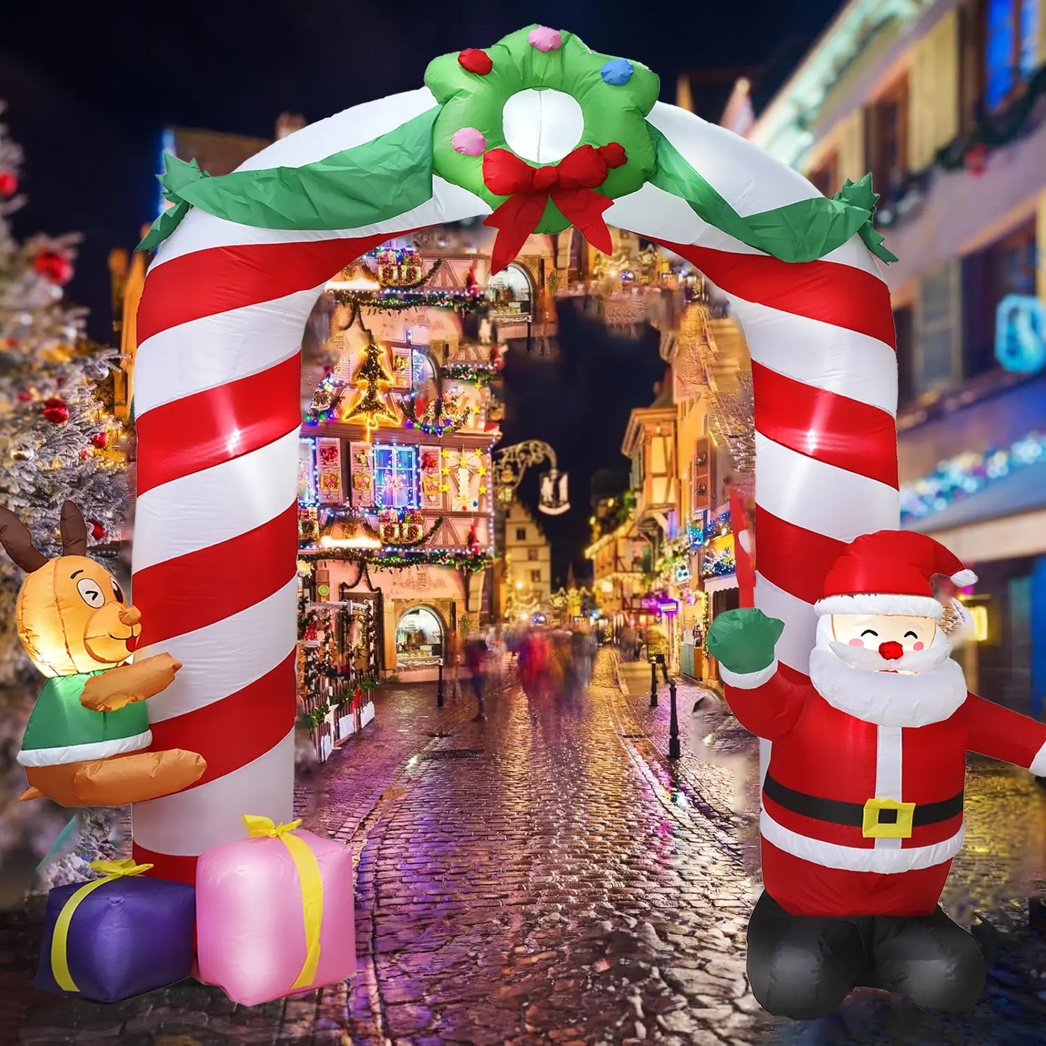 8 FT Christmas Inflatables Archway Outdoor Decorations, Inflatable Santa & Reindeer Candy Arch with Led Lights Xmas Blow up Yard Decoration for Holiday Square Lawn Garden Patio Party Decor