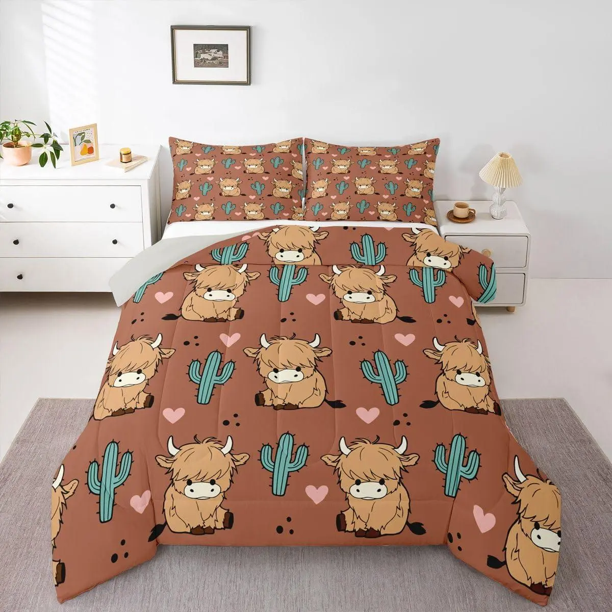 Kawaii Highland Cow Comforter Set,Brown Cactus Botanica Bed Set,Western Farmhouse Wild Animals Down Comforter for Kids Girls Boys Vintage Retro Cowboy Duvet Insert,Room Decor Aesthetic