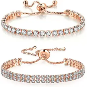 14K Rose Gold Plated Square Zircon Classic Tennis Bracelet for Women Adjustable Slider Hypoallergenic Gift for Her