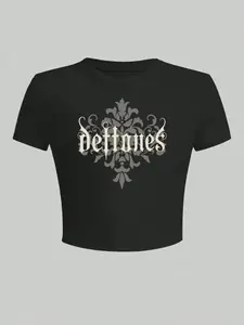 Deftones' Gothic Vintage Black Crop Top | Casual Rock Band Streetwear Top | Premium Soft Fabric | Bold Gothic Rock Aesthetic | Trendy Slim-Fit Cropped Cut | Eye-Catching Ornate Text & Damask Print | Versatile Daily Wear | Perfect for Rock/Gothic Style