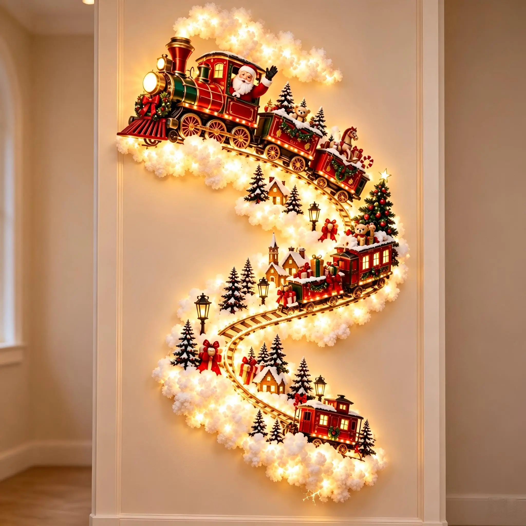 Christmas Train LED Wall Decor, Light Up Christmas Tree with Lights, Xmas Holiday Indoor Wall Hanging, Warm White Fairy Lights, Festive Home Decoration for Living Room, Entryway, Bedroom, Perfect Christmas Gift