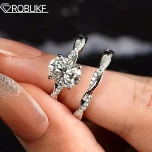 2CT Moissanite Engagement Ring Set For Women Oval Cut Twisted Infinity Eternity Wedding Band 925 Sterling Silver Bridal Jewelry