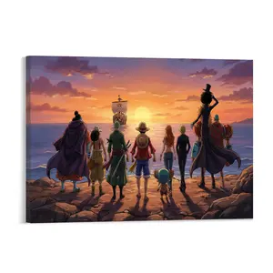 One Piece Anime Canvas Wall Art Monkey D Luffy Zoro Nami Chopper Retro Poster Thousand Sunny Sunset Silhouette Background Aesthetic Bedroom Living Room Gaming Room Wall Hanging Art Pictures Shonen Jump Fans Gift Unframed