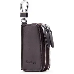 Key Case Small Leather Double Zipper Key Holder with 4 Keyrings  Organizer for Men Women