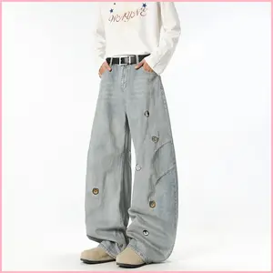 American High Street Trendy Brand Cartoon Embroidered Versatile Distressed Scimitar Pants Wide Leg Pants Straight Jeans