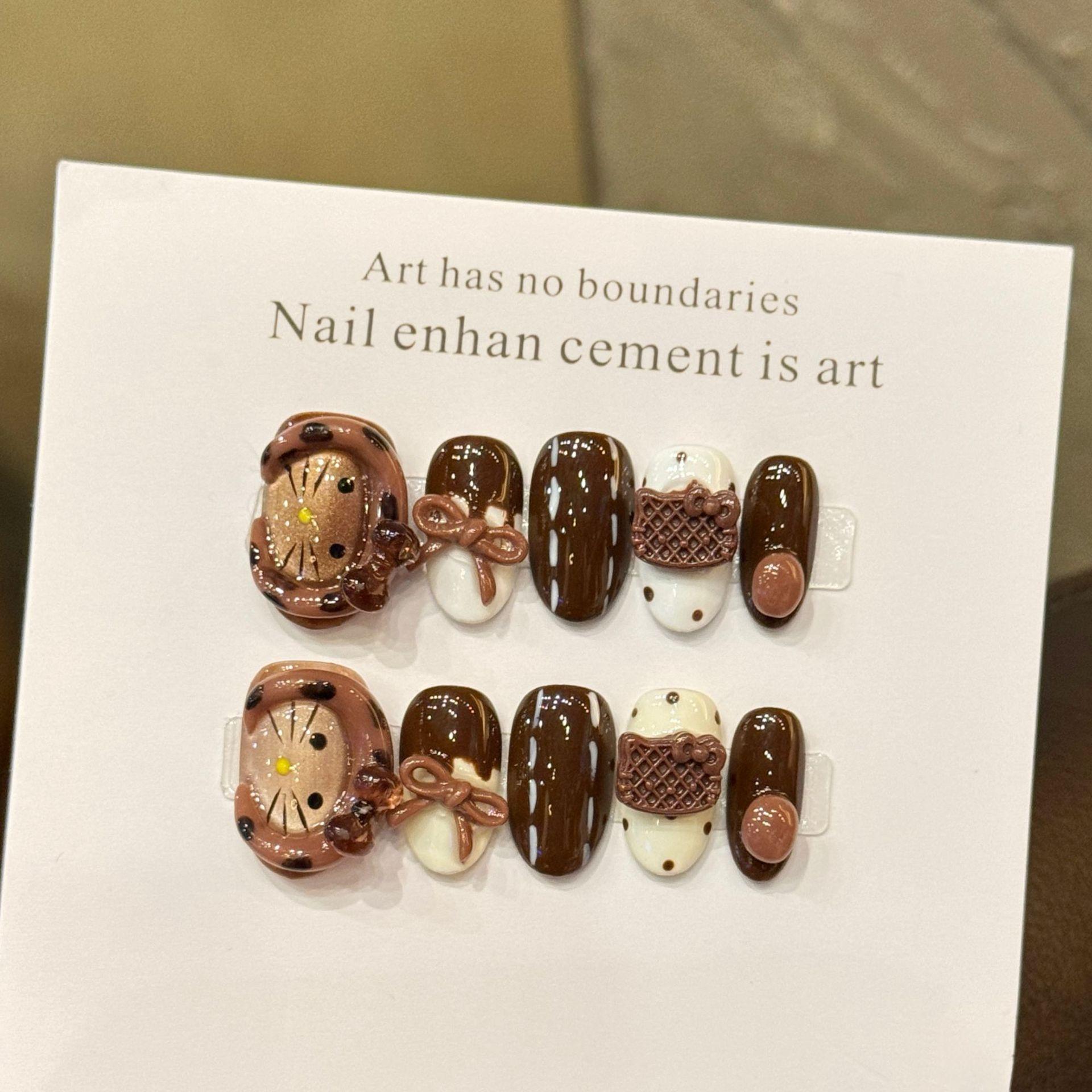 【Lucy UU】Cute Chocolate Brown 3D Cat Press On Nails Medium Square Shape Handmade Reusable Sweet Fake Nail With Bow Bag Accents For Women