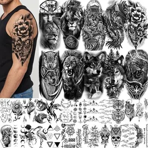 Men's Waterproof Long-Lasting Black Temporary Tattoos - 34 Full Arm Sleeve Sheets, Featuring Lion, Zeus God, Warrior Wolf, Poseidon Designs, Ideal for Thigh, Halloween Party Decor