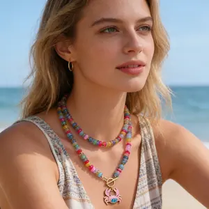 Summer Bohemian Necklace for Women – Colorful Beaded Collarbone Chain with Rainbow Crab Pendant, Trendy Dopamine Jewelry, Lightweight Ocean-Inspired Beach & Vacation Accessory