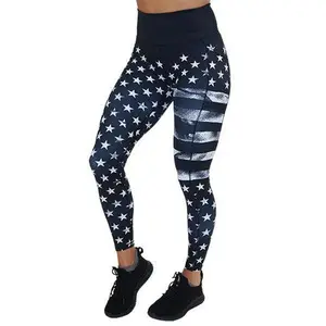 CVG Stars & Stripes Leggings - Womenswear Polyester Spandex with Star Pattern, Comfortable Fit, and Pockets High Waisted Athletic Athletic Running Pants Athleisure Style Bottoms