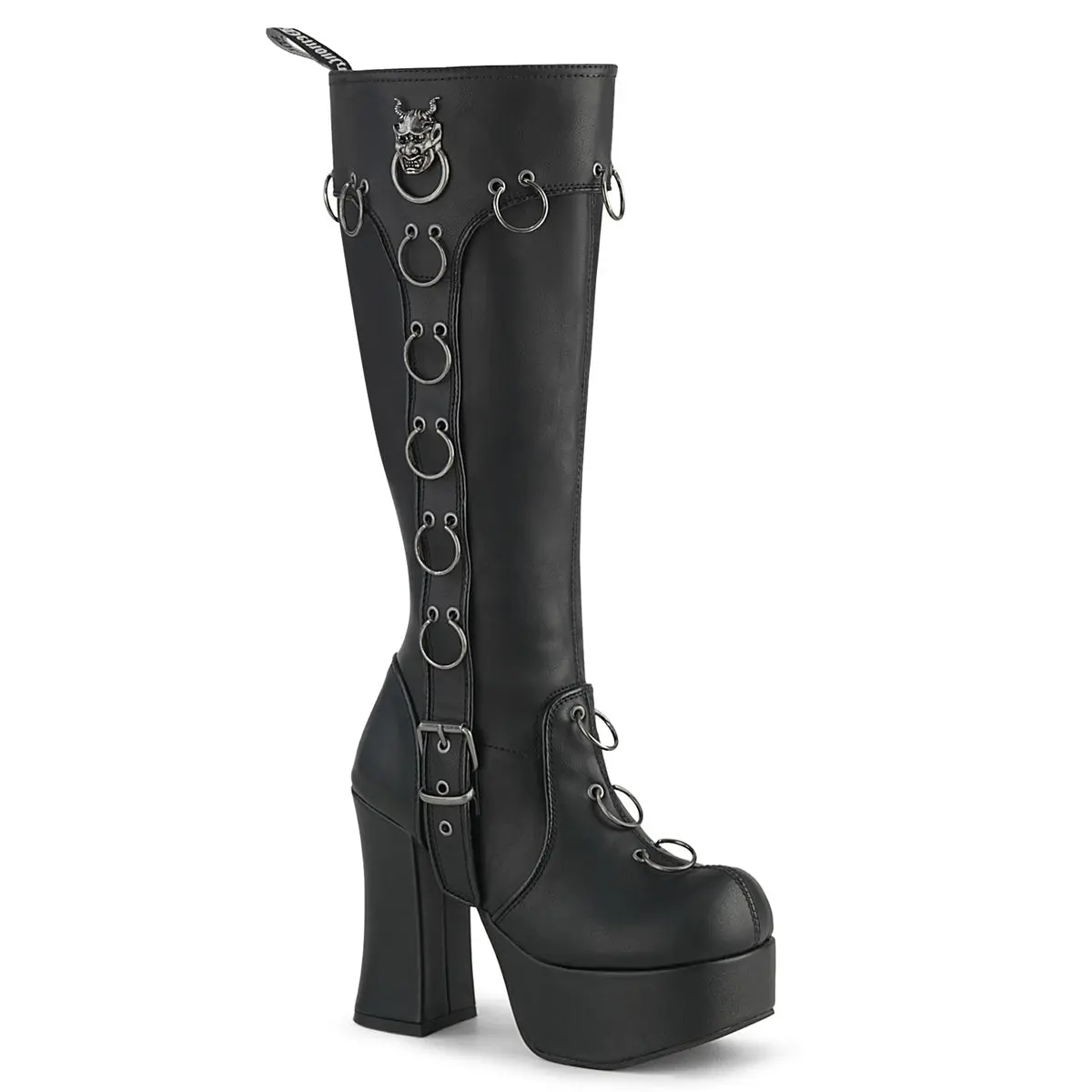 Demonia Women's Charade-211 Vegan Leather Knee-High Boot with 4 1/2" Block Heel & 2" Platform Featuring Pierced O-Ring Upper Ornamental Buckle Detail