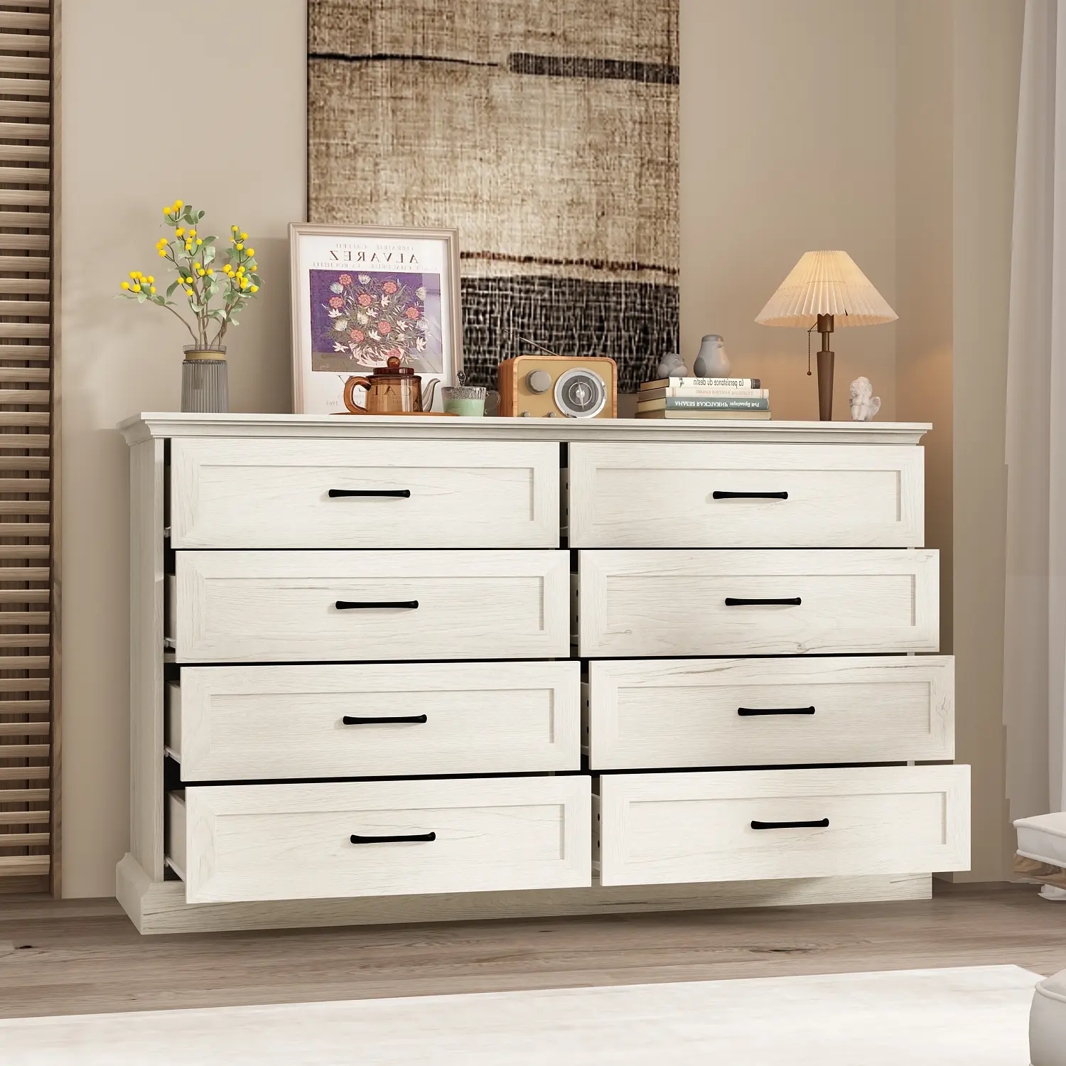 FUFU&GAGA White 8‑Drawer Dresser for Bedroom, 54.6'' Wide Wooden Chest of Drawers, Modern Farmhouse Storage Cabinet with Black Metal Handles