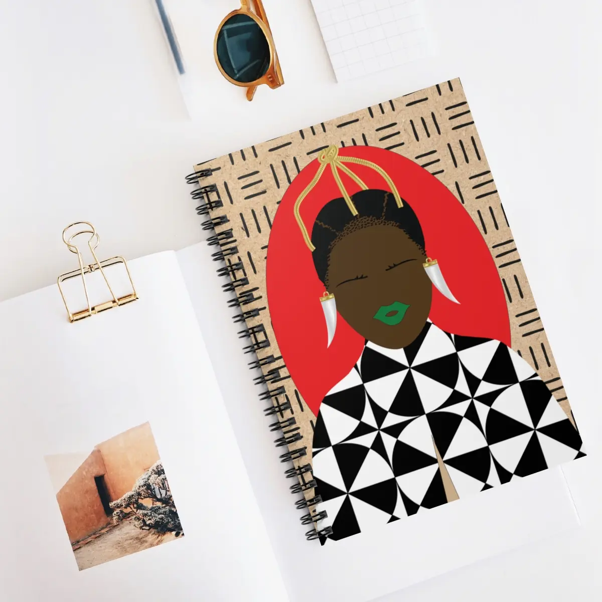 Sunny Babe African Art Chocolate Cork Mudcloth Notebook - 118 Ruled Line Pages, 90gsm Paper, Metal Spiral Binding, Document Pocket, Back-to-School Office Stationery Planner, Thoughtful Birthday Gift