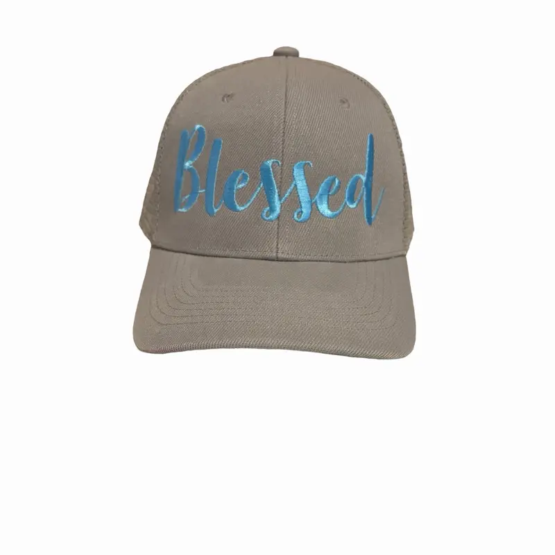 Grey Curved-Brim Hat with Light Blue 'Blessed' Embroidery - Versatile & Casual Everyday Accessory with Spiritual Meaning, Embroidered, Blessed Significance, Elegant, Light Blue Embroidery