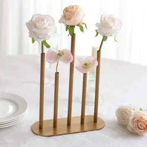 Gold Metal Bud Vase Centerpiece 10" Minimalist Design with 5-Tubes - Single Stem Flower Vase