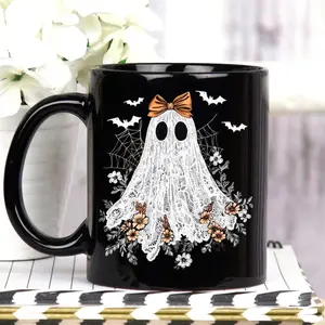 [Sale off up to 50%] Halloween Lace Ghost Themed Black Mug, Spooky Ghost Mug, Gothic Coffee Cup, Unique Gift for Halloween, Witchy Home Decor