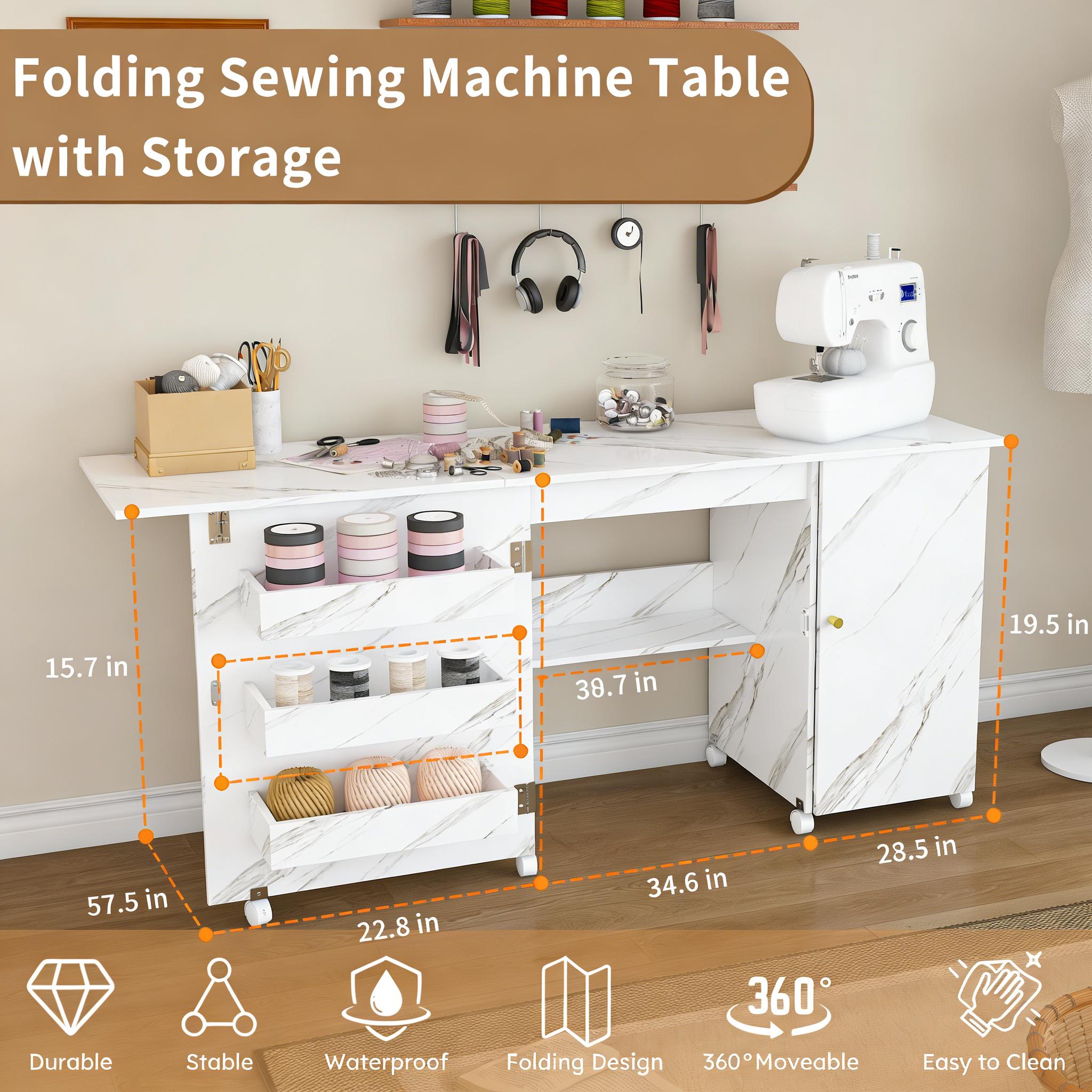 57.5"FoldableSewingMachineTablewithLockingCasters-Multi-StorageCraftStationDeskwithShelvesBinsCabinet,AdjustableSewingCabinetforHomeBedroomCraftRoom,SpaceSavingWhiteDeskforDormApartmentOffice,HobbyTableFurniture
