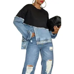 Women’s Vibrant Color-Block Sweatshirt with Denim Panels | Raw-Edge Accents Trendy Street Style