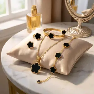 Lucky Five Leaf Clover Jewelry Set Gold Plated Adjustable Charm Bracelet & Necklace High-Quality Zinc Alloy Eye-Catching Design Perfectly Adjustable Versatile Style Ideal for Any Occasion
